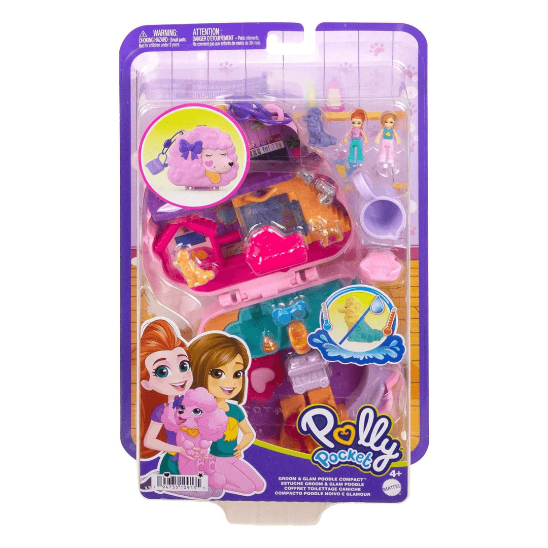 polly pocket groom & glam compact play set in packaging with cardboard back and plastic protective front