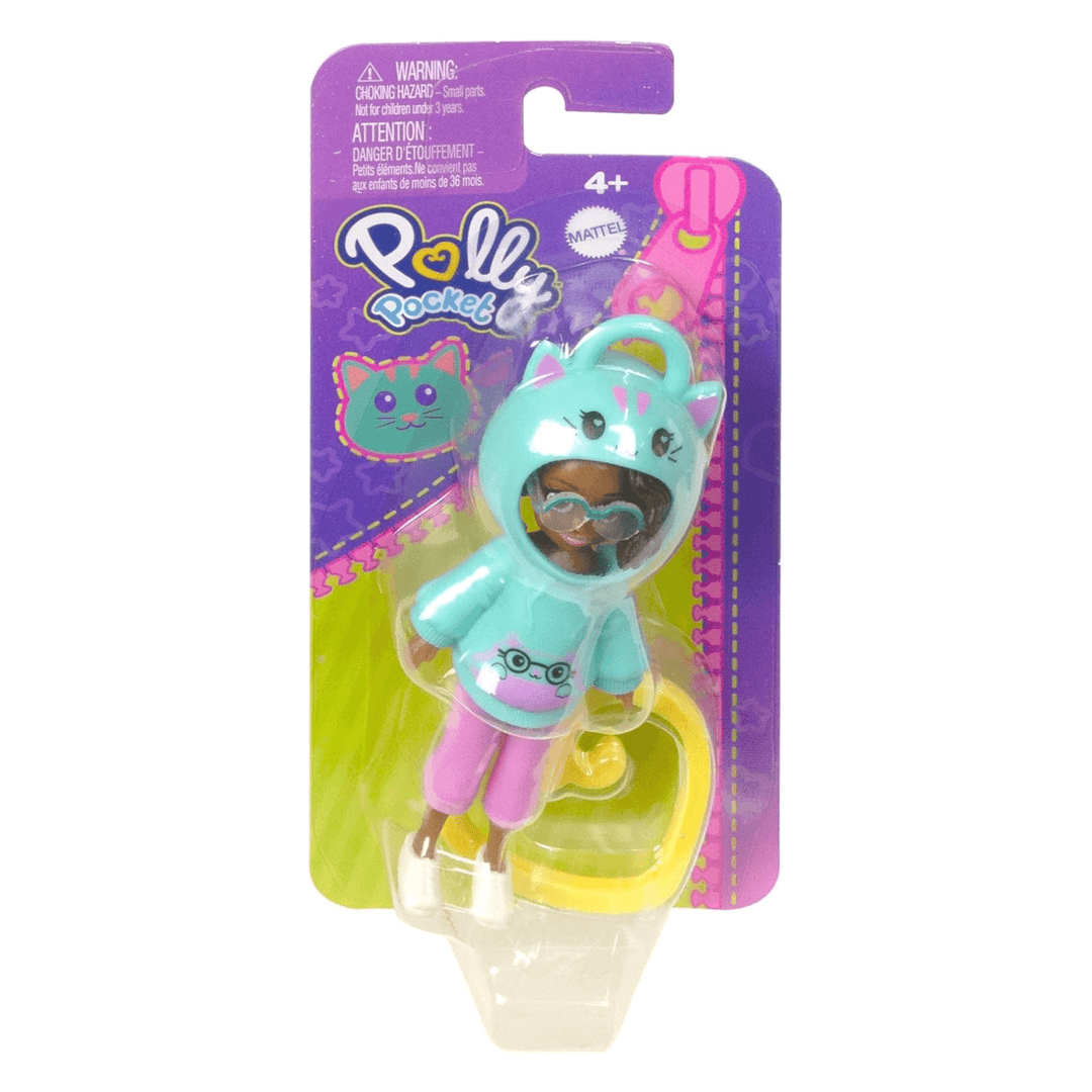 polly pocket doll with cat theme hoodie inside cardboard branded packaging