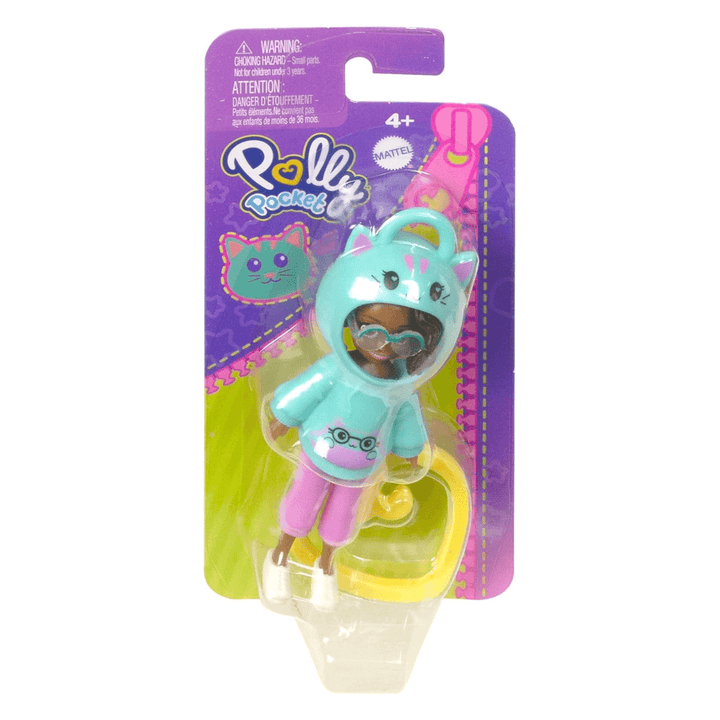 polly pocket doll with cat theme hoodie inside cardboard branded packaging