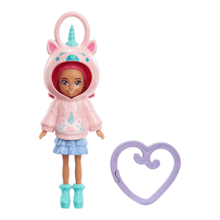 13cm polly pocket doll wearing unicorn themed hoodie top with dinosaur design and pruple clip on heart