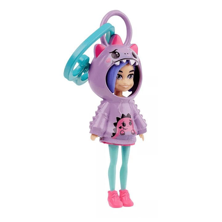 side view of polly pocket doll with dinosaur themed hoodie hanging key