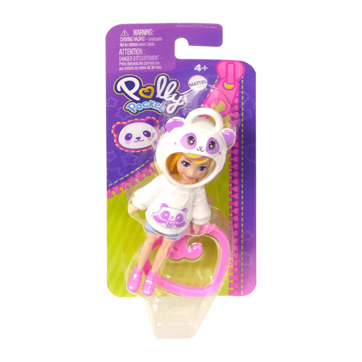 polly pocket doll with panda themed hoodie inside cardboard branded packaging
