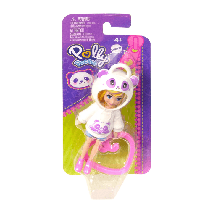 polly pocket doll with panda themed hoodie inside cardboard branded packaging