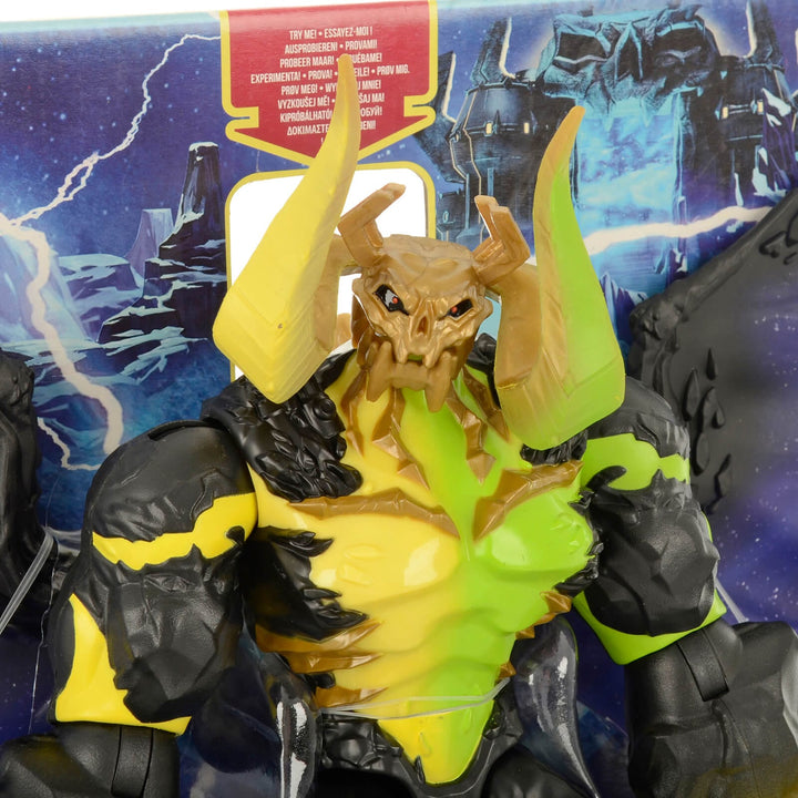 Close up of Cosmic Terror Skeletor head with horns and green and yellow lightning flashes