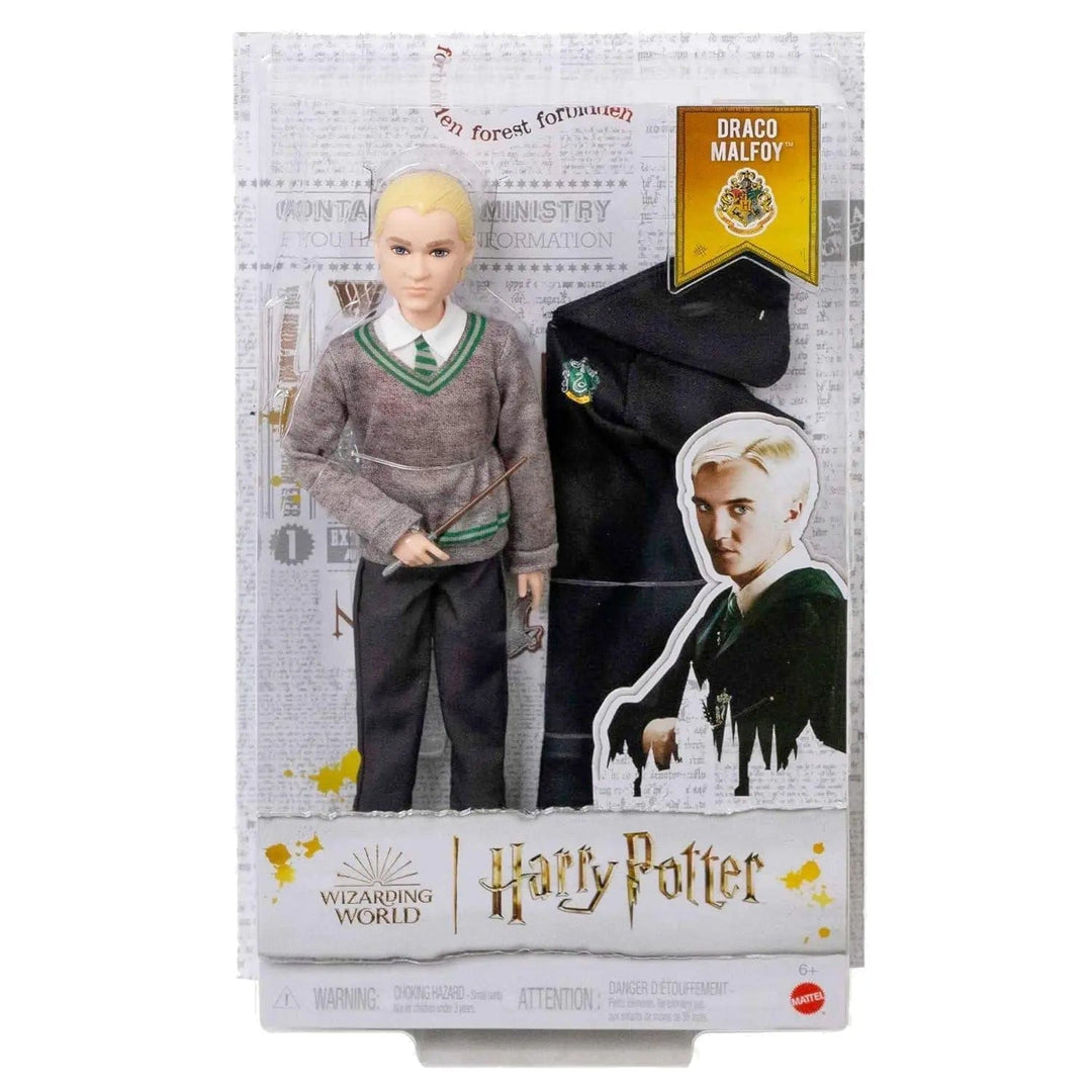 Draco Malfoy collectible figure with Hogwarts uniform, house robe and wizard wand in display packaging