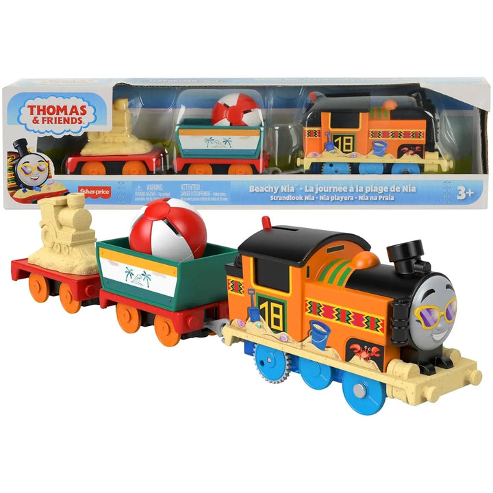 Thomas & Friends Beachy Nia motorised train engine with 2 cars and beach ball