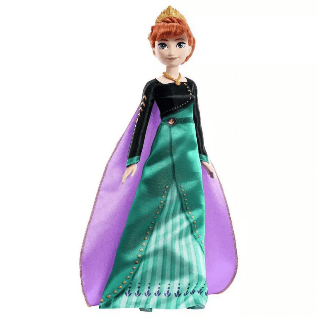 poseable anna doll wearing a black, green and purple gown with gold headband