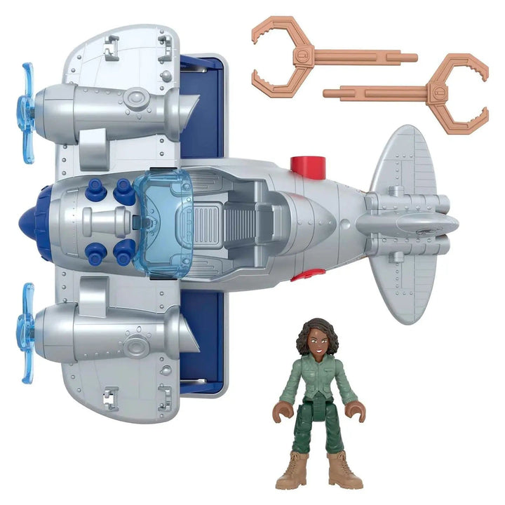 Top view of air tracker plane, Kayla figure and 2 missiles from te Jurassic World air tracker plane set