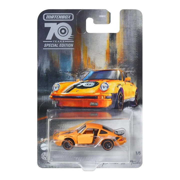 Orange Porsche 911 Turbo Matchbox 70 years special edition die cast car in packaging