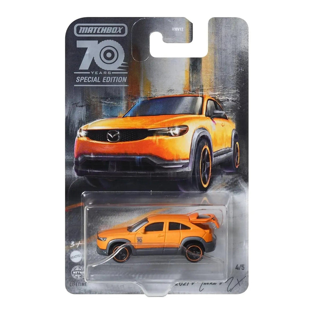 Orange Mazda MX Matchbox 70 years special edition die cast car in packaging