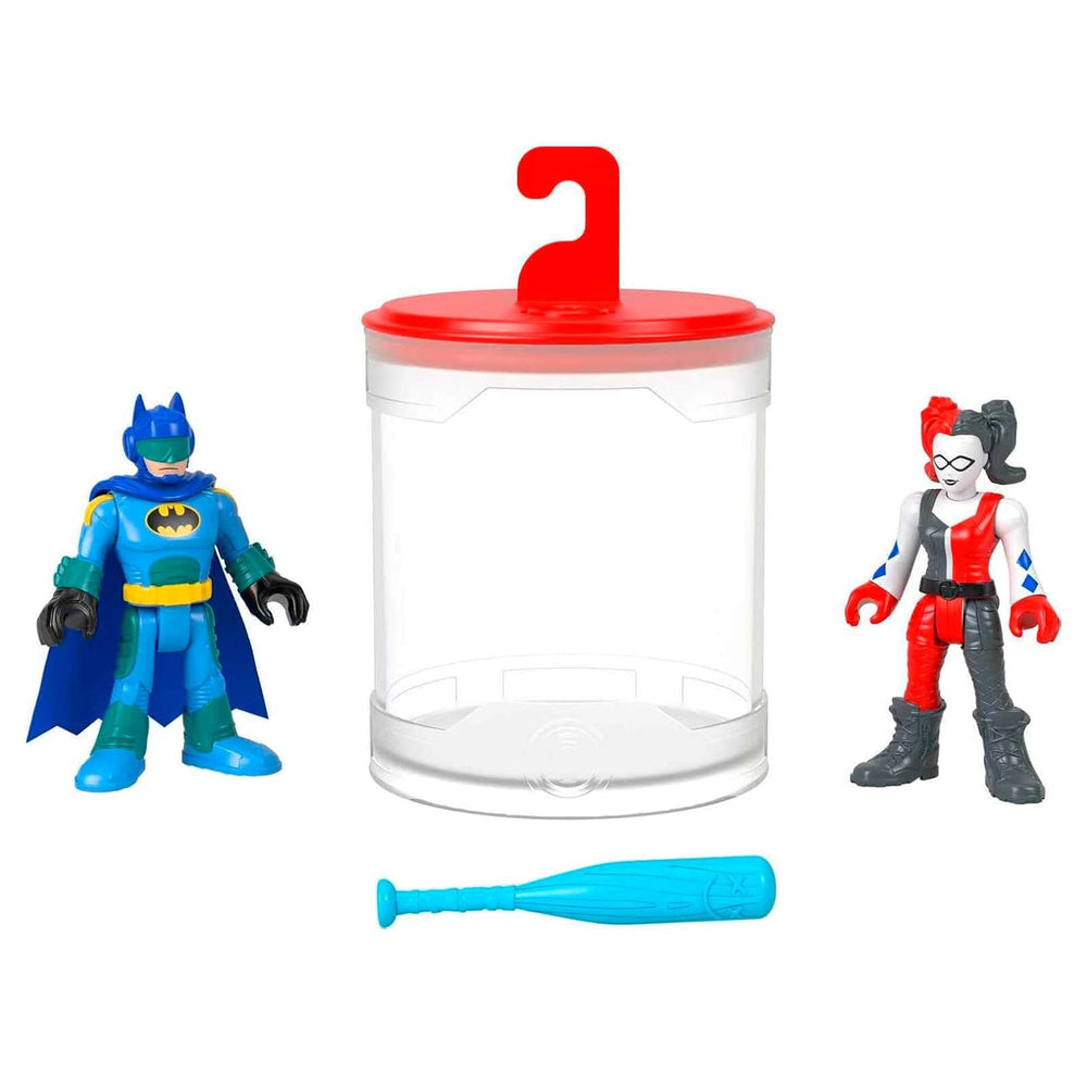 Batman and Harley Quinn action figures with cannister and baseball bat