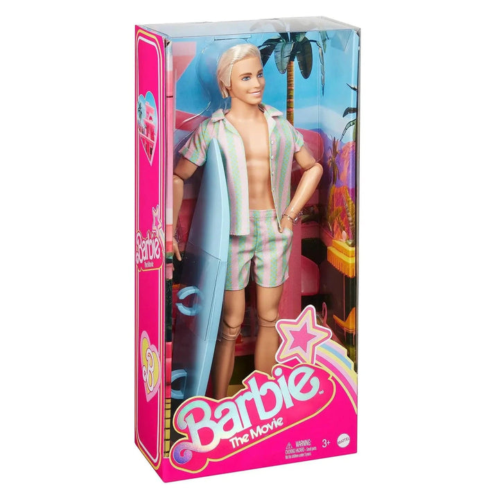 Barbie The Movie Ken Doll with surf board and striped shirt and shorts