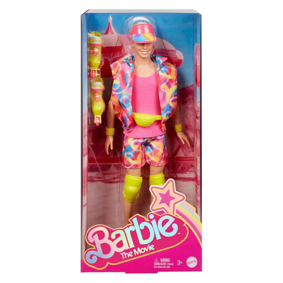 Barbie The Movie Ken Doll in box packaging with brightly coloured shirt, shorts, kneepads, sun visor and a pair of roller skates