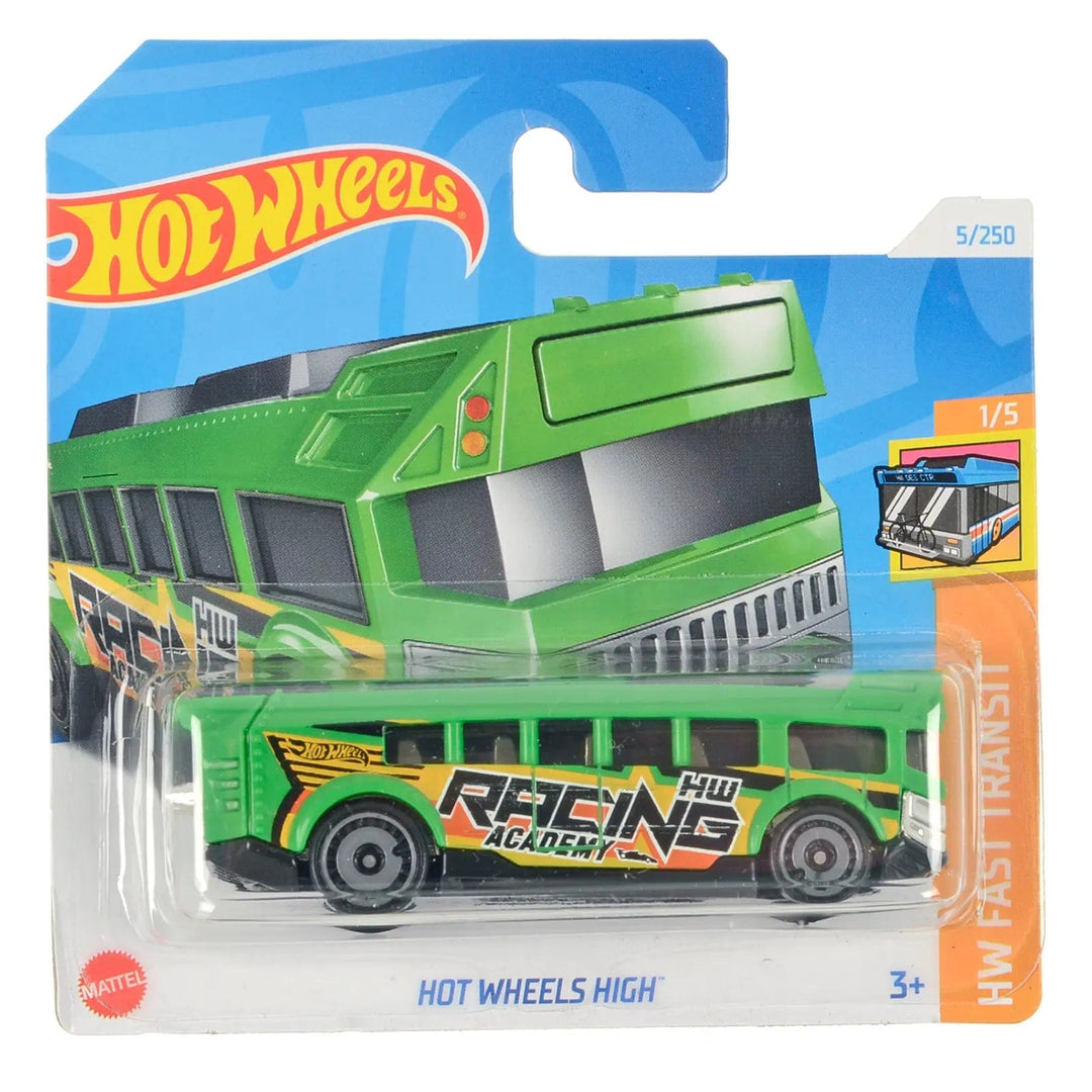 Hot Wheels high school bus in green from the Fast Transit series of die-cast vehicles