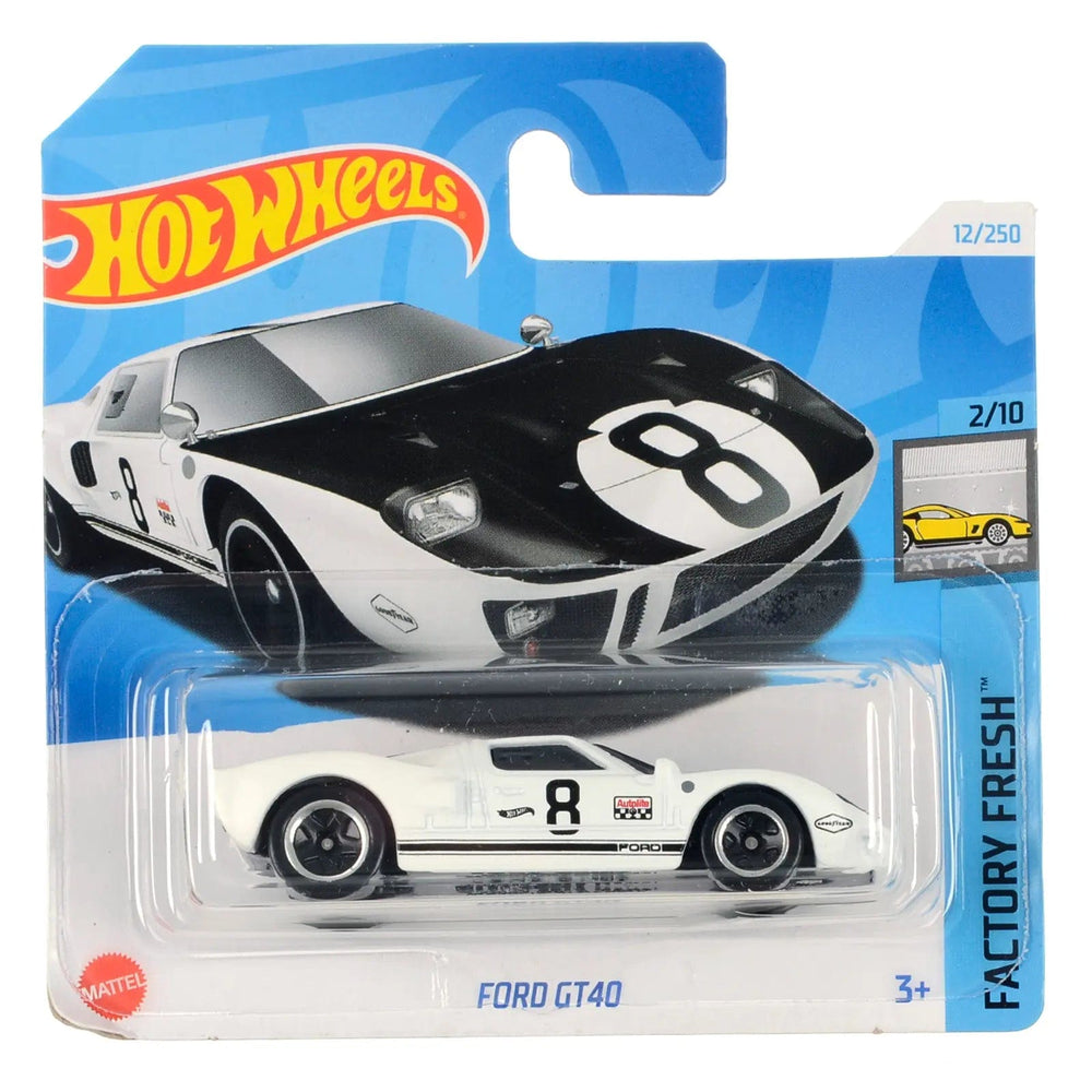 Hot Wheels Factory Fresh series white Ford GT40 die-cast car in collectors packaging