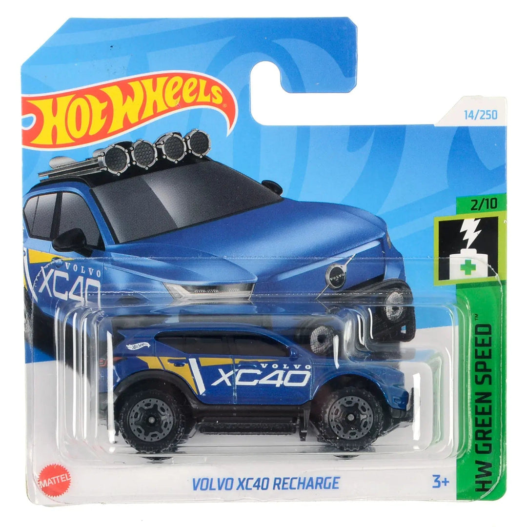 Hot Wheels Green Speed series blue Volvo XC40 Recharge model car in collectors packaging