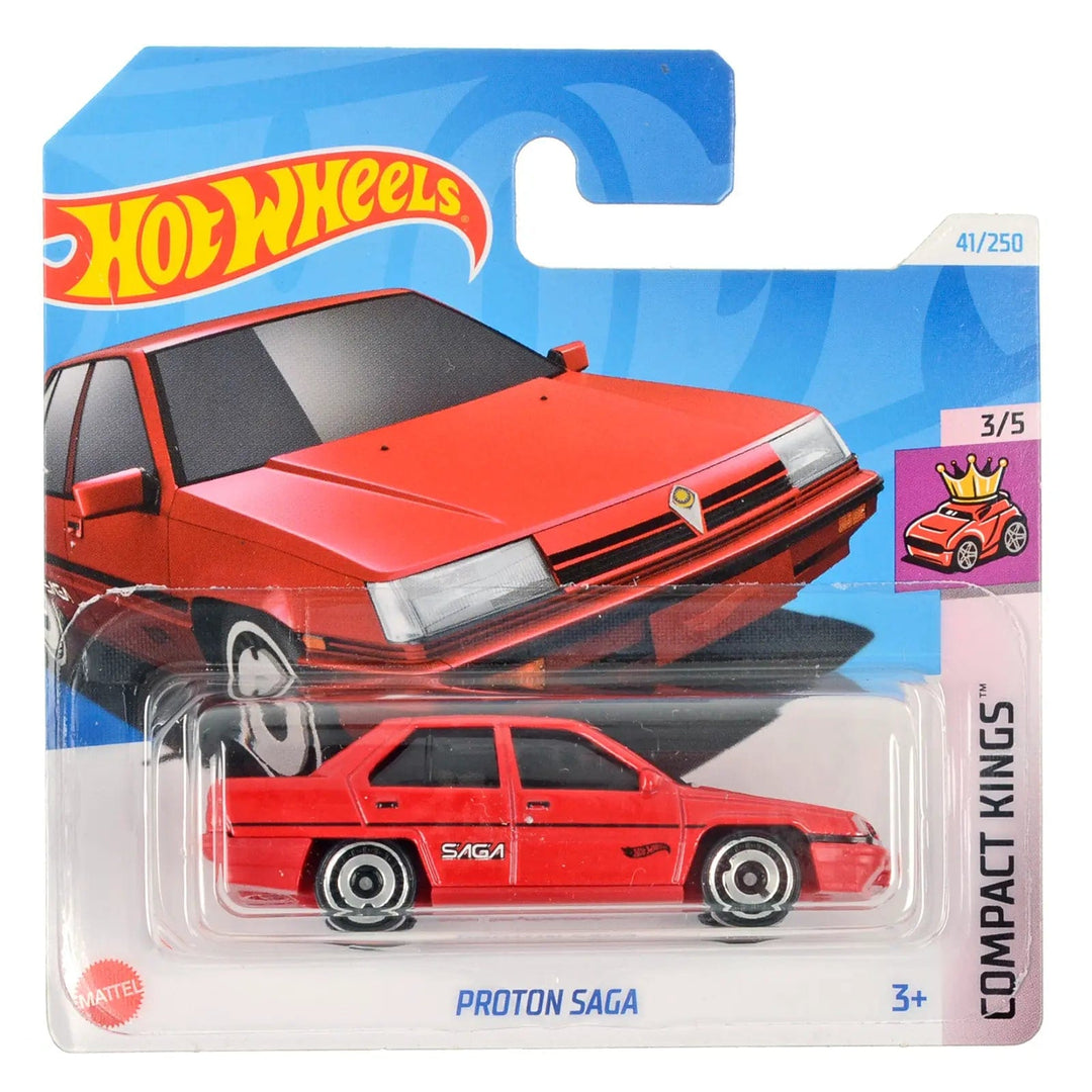 Hot Wheels Compact Kings series red Proton Saga die-cast vehicle in pack