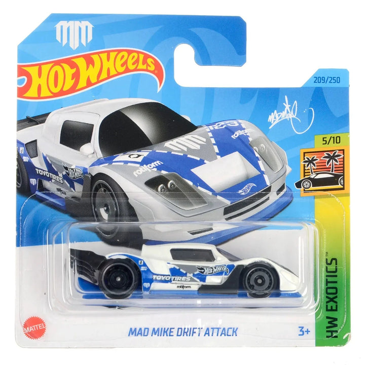 White and blue Mad Mike Drift Attack Hot Wheels Exotics die-cast car in display packaging