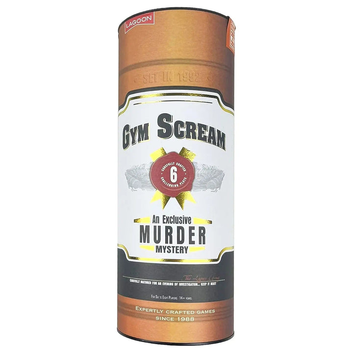 Tube packaging for Gym Scream murder mystery game night for adults