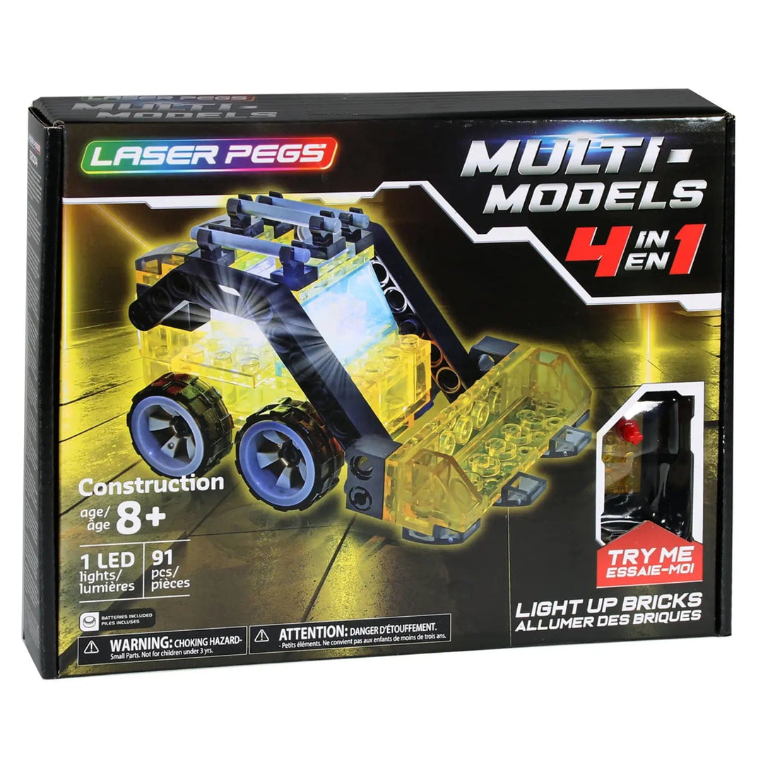 Box of Laser Pegs multi-models 4 in 1 construction set with 1 LED light up brick and 91 pieces to build 4 vehicles