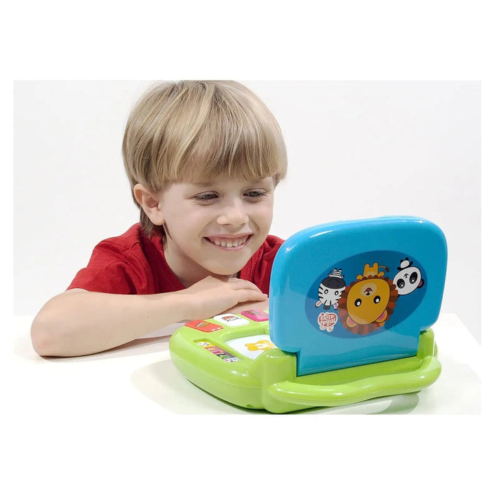 Child listening to an active learning laptop for fun educational activities