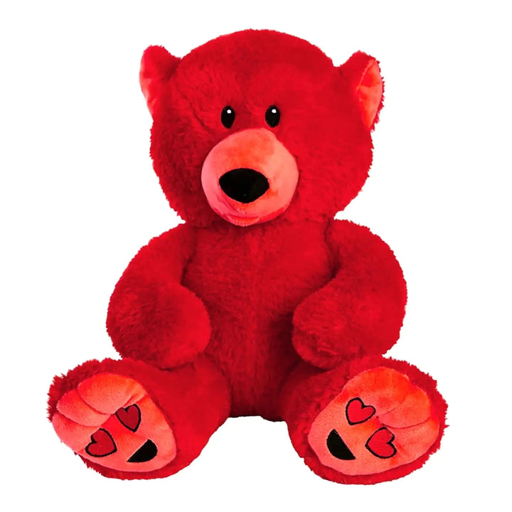Red Love Mood Bear soft toy with heart eyes on the feet
