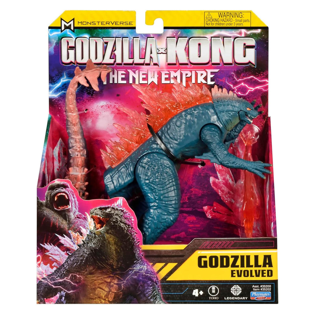 Toy figure packaging for 'Godzilla x Kong: The New Empire' with colorful background