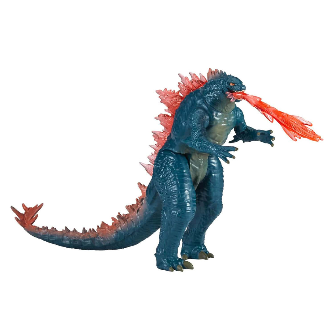 Toy figure of a blue creature with red spines and breath weapon on a white background
