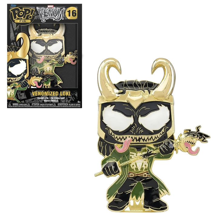 Venomized Loki Funko Pop pin with coloured enamel and removable stand