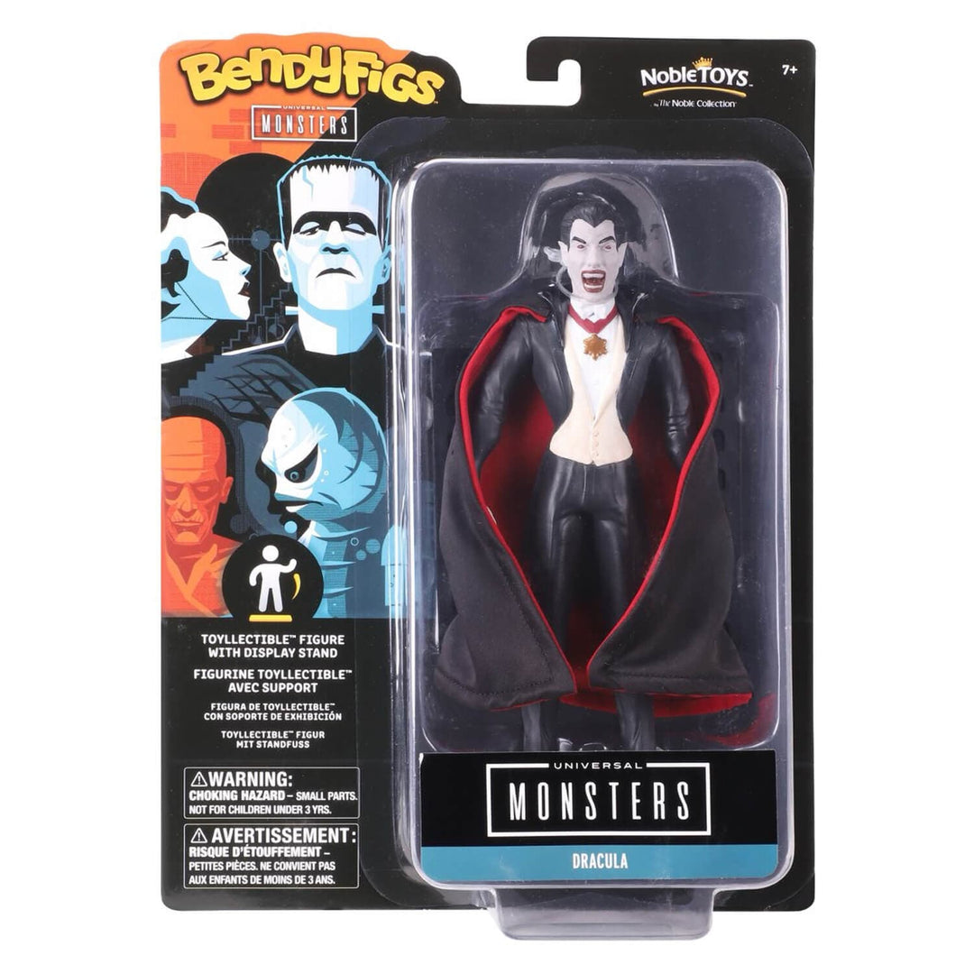 Bendy Figs Monsters Dracula collectible figure in its original packaging, featuring a black and red cape figure with a display stand inside a clear blister pack.
