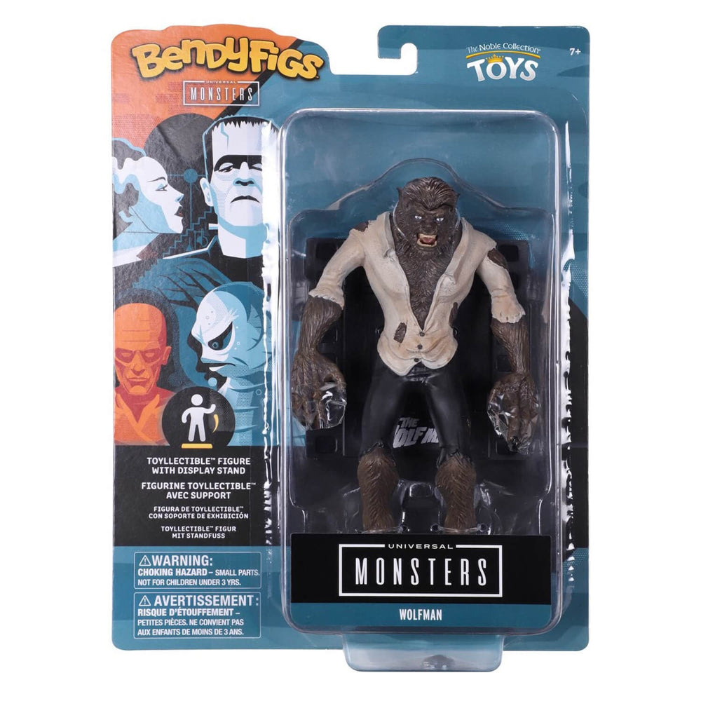 Bendy Figs Monsters Wolfman collectible action figure in its original blue and black carded packaging, featuring the character in a tattered white shirt and black pants.