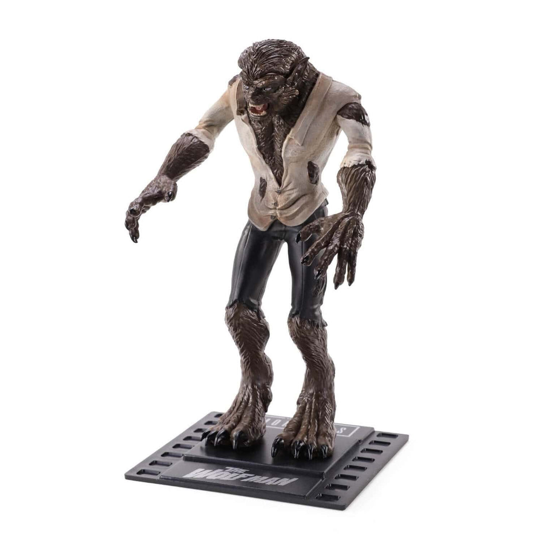 A detailed collectible action figure of the character Wolfman standing on a black display base with the 'Wolfman' logo, photographed against a solid white background.