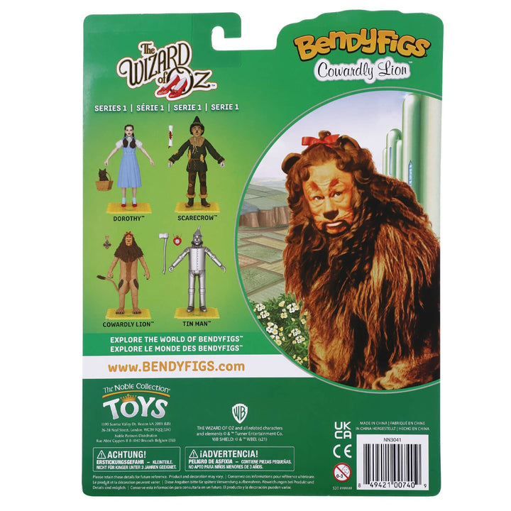 Back of the packaging of BendyFigs the Wizard of Oz Lio action figure