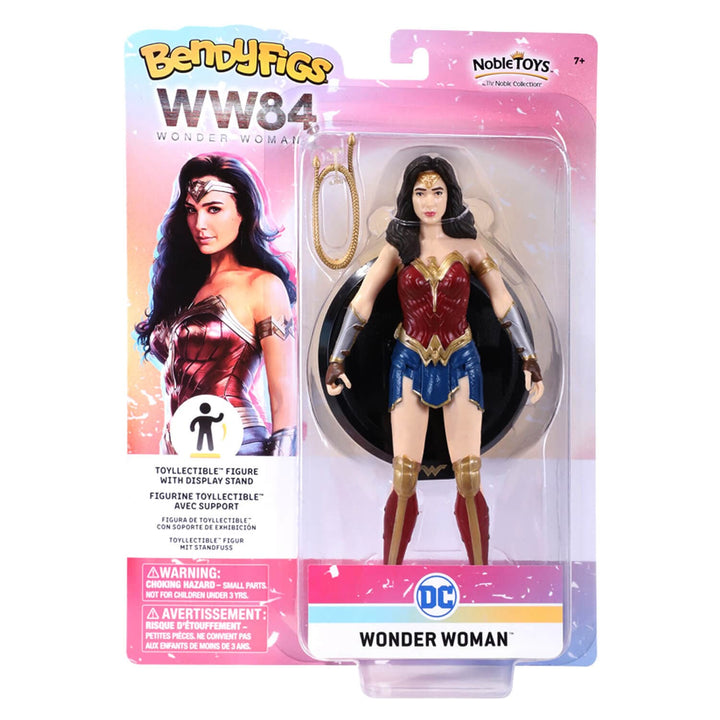 BendyFigs WW84 Wonder Woman collectible figure in its original blister packaging, featuring the figure with a display stand and accessories.
