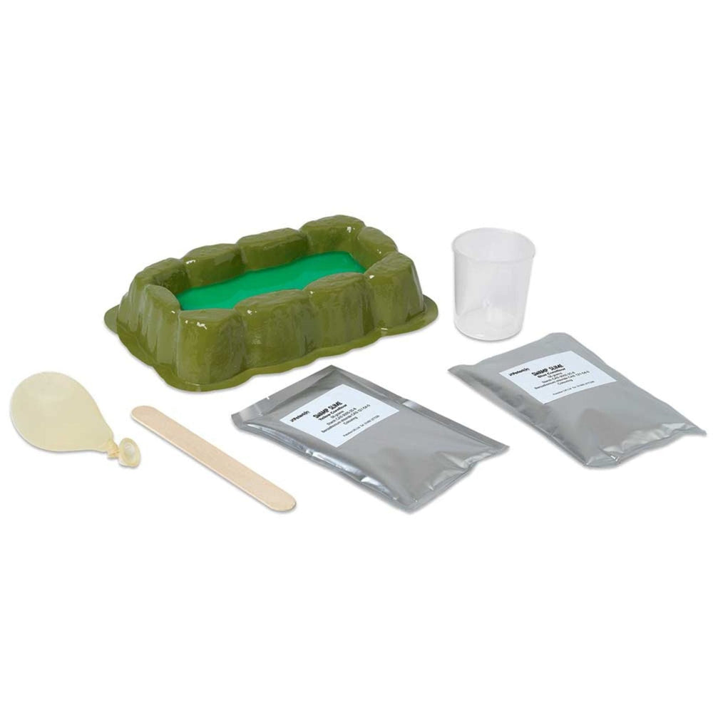 Set of items including a green mold, white cup, and two gray packages on a white background