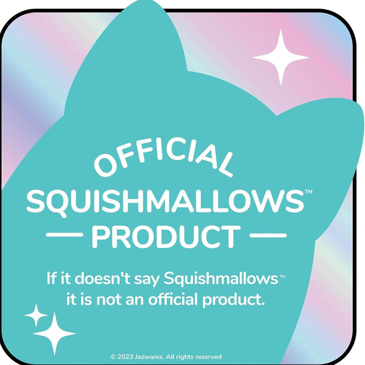 Teal label with 'Official Squishmallows Product' text on a pastel gradient background