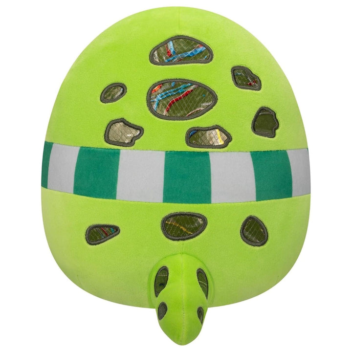 back view of green plush slytherin toy with textured surface on a white background