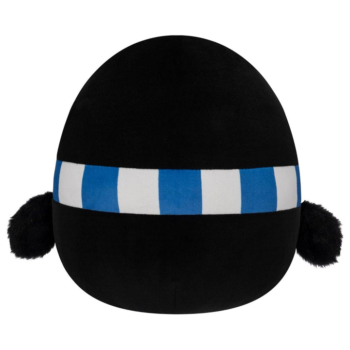 Black plush raven toy with a blue and white striped scarf on a white background