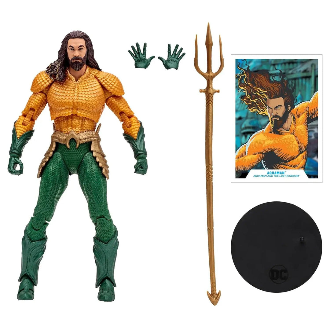 Aquaman collectible figure with stand, weapon, extra hands and collector art card