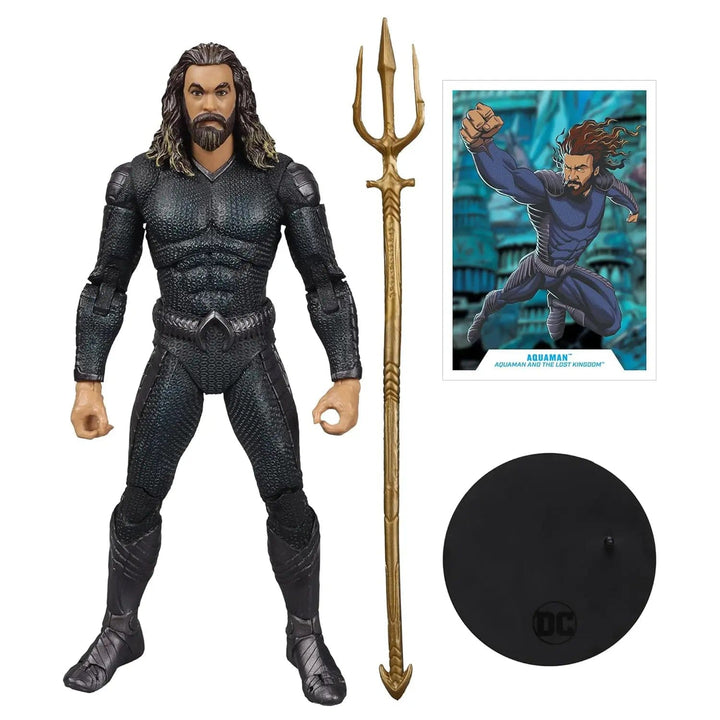 Aquaman in black stealth suit collectible figure with stand, weapon and collector art card