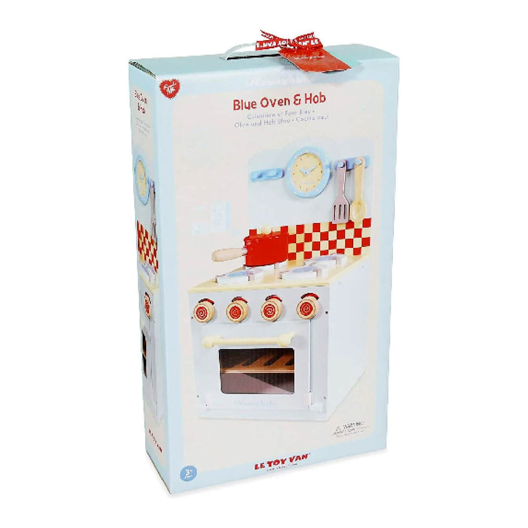 Boxed toy oven and hob set with illustrations on a white background