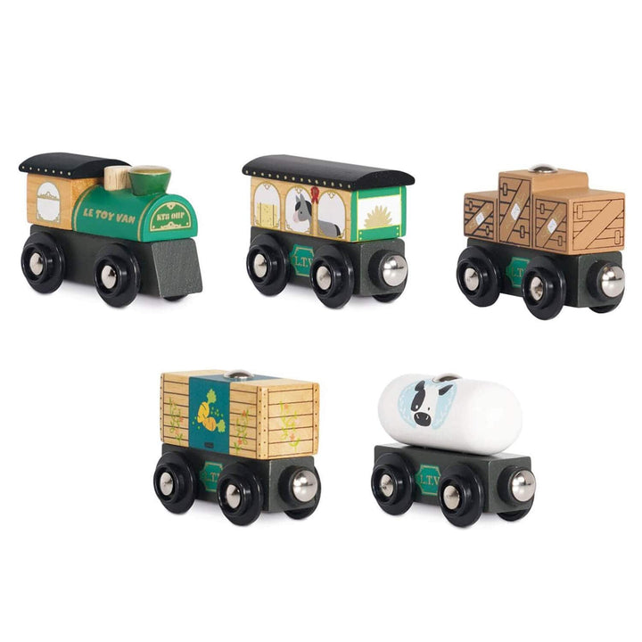 Set of 5 wooden toy train engine and carriages on a white background