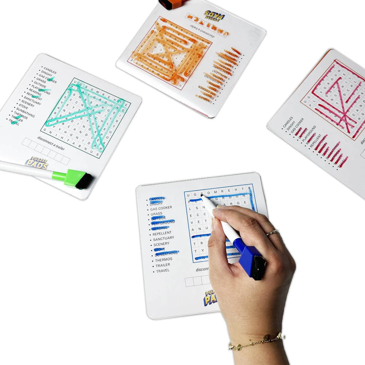 Person playing a puzzle pads word search race game