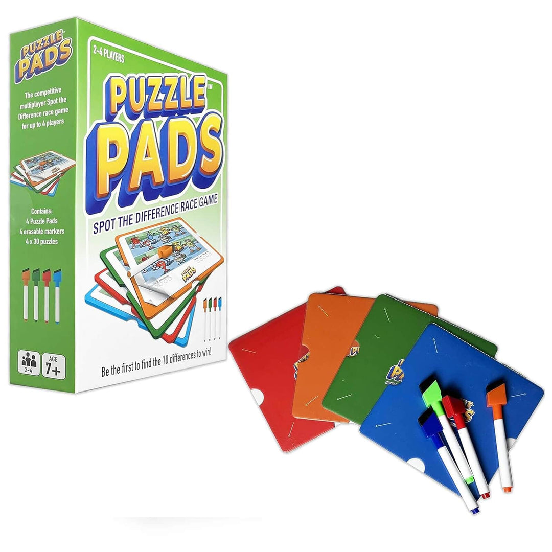Puzzle pads game box and contents with dry erase pens