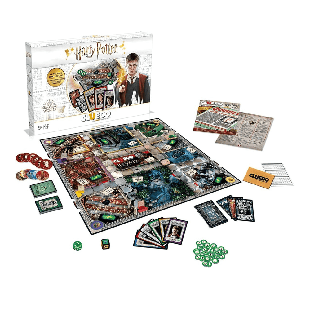 harry potter wizarding world cluedo game packaging with board game and playing cards laid out on white background