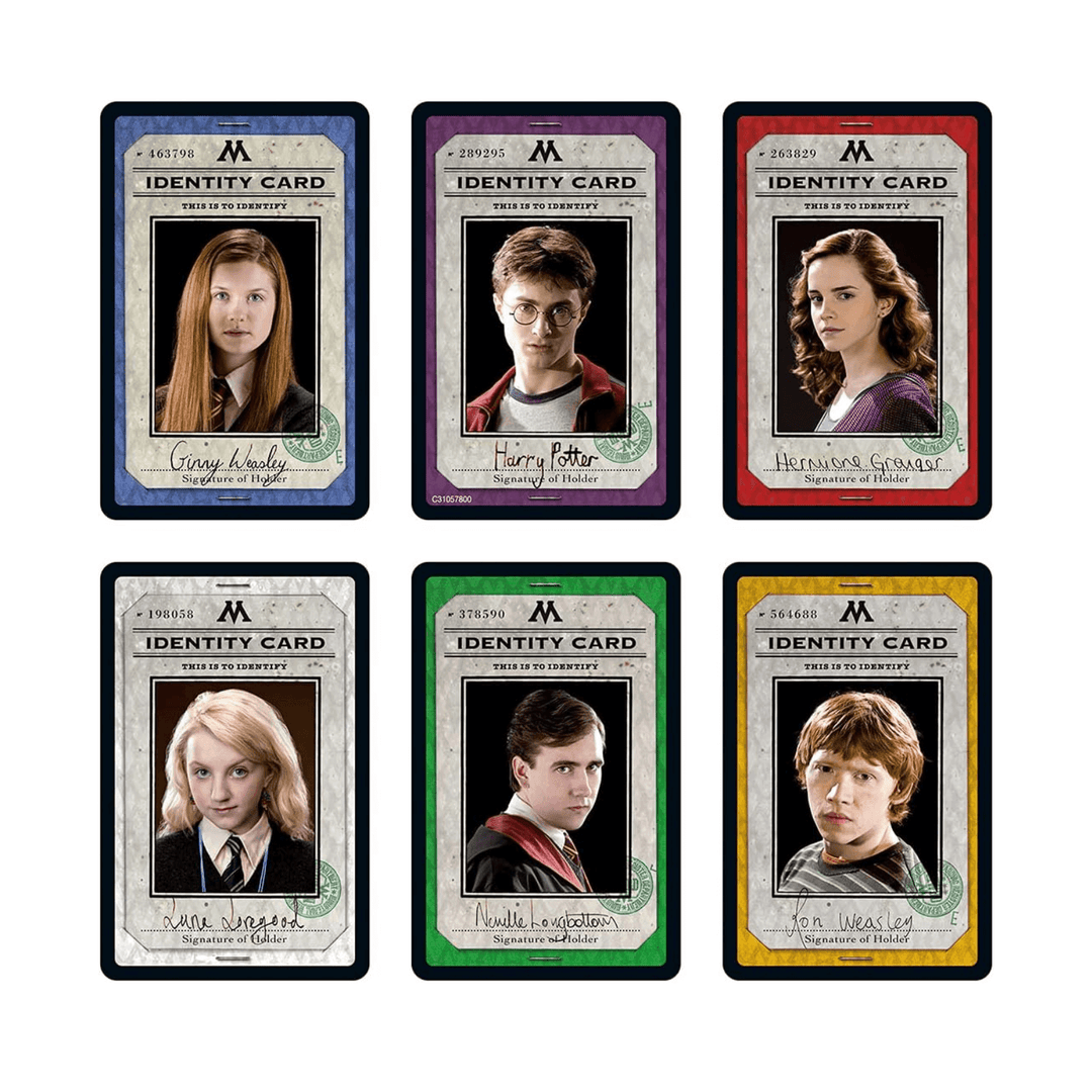 playing identity cards for populaer characters - ginny weasly, harry potter, hermione granger, luna lovegood, neville longbottom, ron weasley