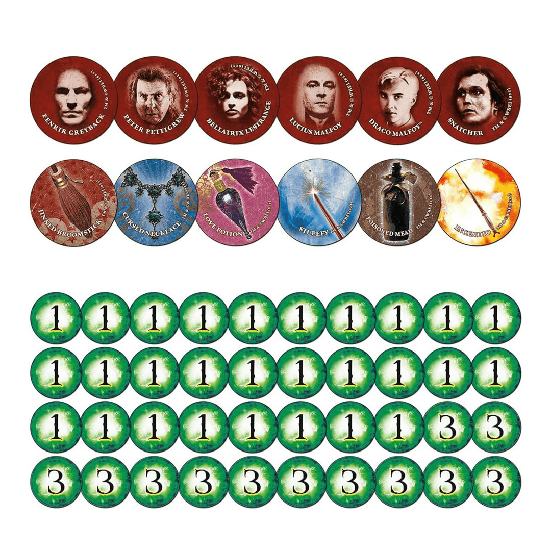 board game tokens included with harry potter cluedo featuring possible people and weapons who need eliminaited to solve the mystery