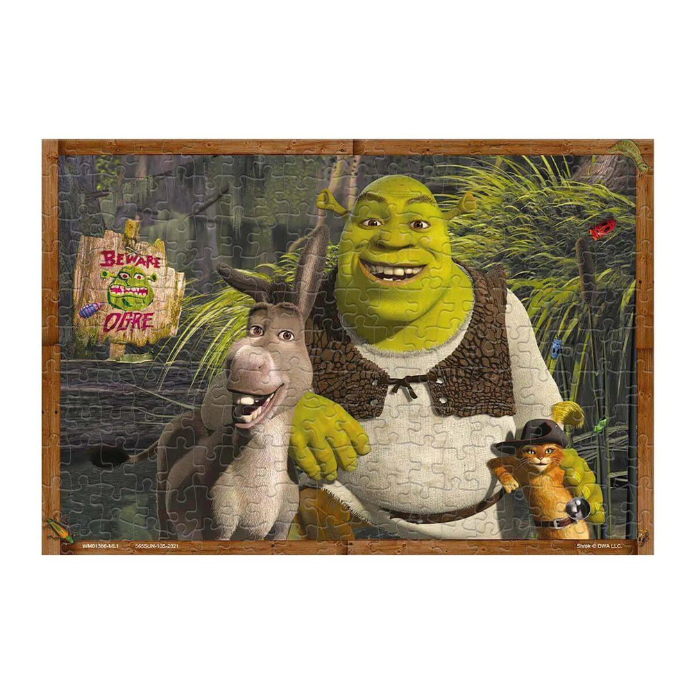 Jigsaw puzzles completed showing Shrek, Donkey and Puss in Boots