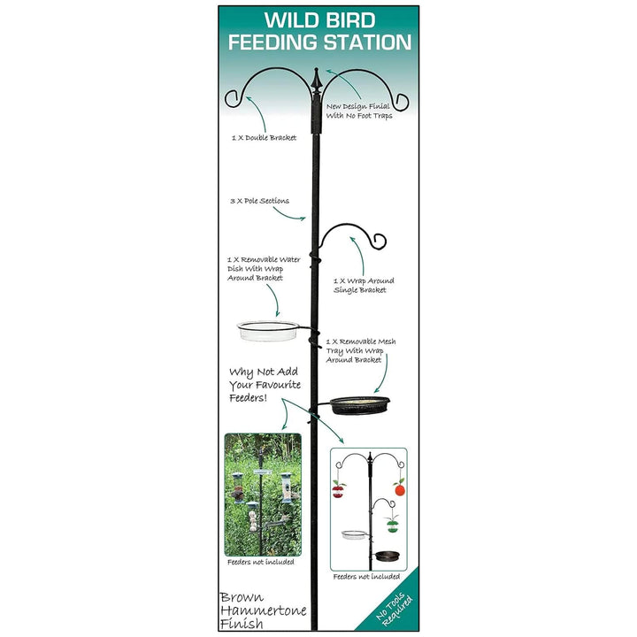 Box packaging for a wild bird feeding station with hooks, water dish and seed tray