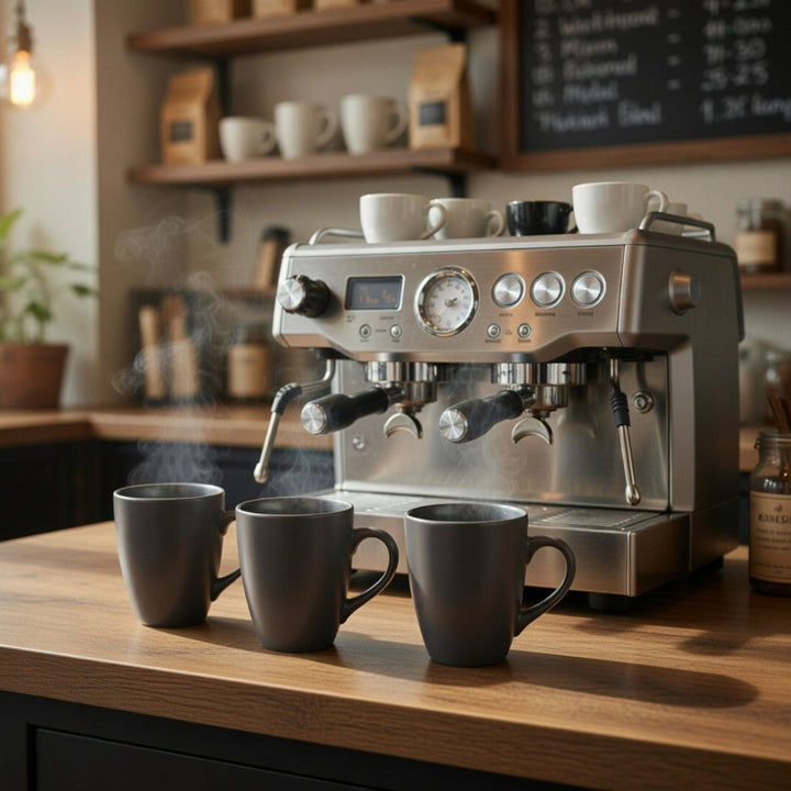 Espresso machine with steaming cups on a wooden counter in a coffee shop setting.